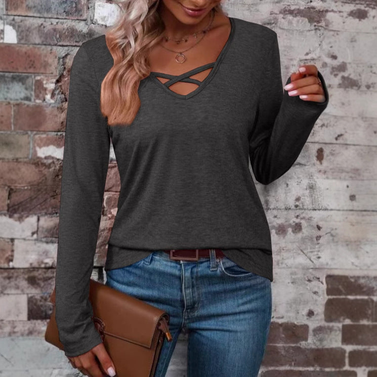 V-neck Cross Cotton Solid Color Casual Minimalist Long Sleeve