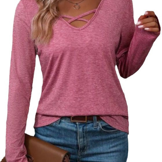 V-neck Cross Cotton Solid Color Casual Minimalist Long Sleeve