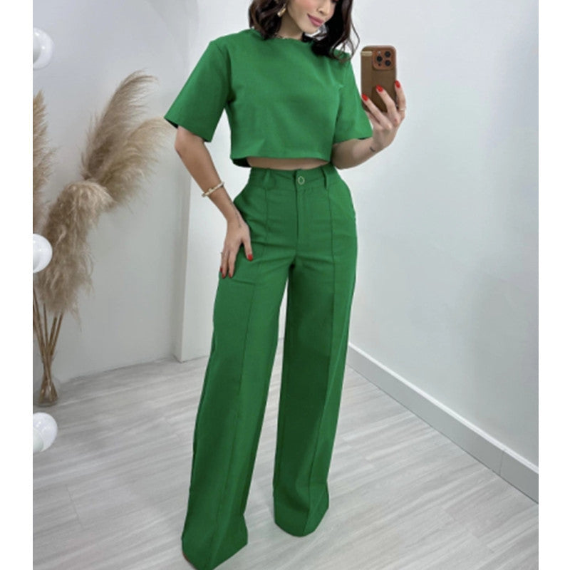 “Hilda” - Cotton And Linen Short Top and High Waist Wide Pant Set