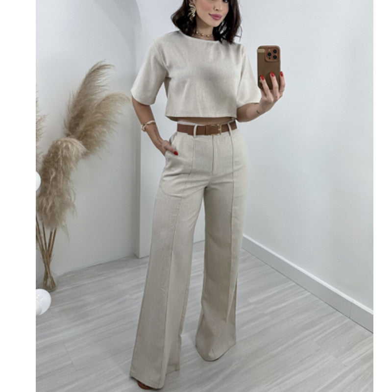 “Hilda” - Cotton And Linen Short Top and High Waist Wide Pant Set