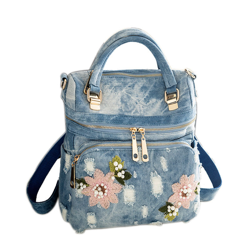 "Sweet Lady" Frayed Flower Denim Backpack