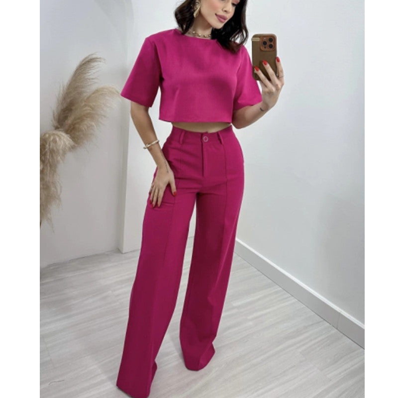 “Hilda” - Cotton And Linen Short Top and High Waist Wide Pant Set