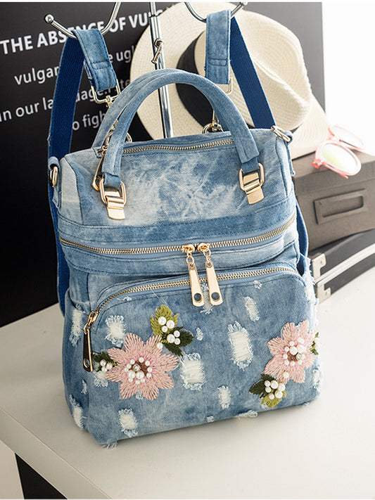 "Sweet Lady" Frayed Flower Denim Backpack