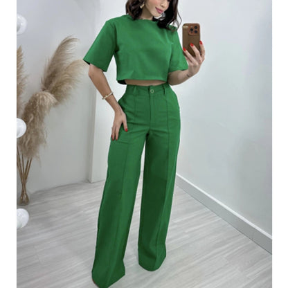 “Hilda” -  Cotton And Linen Short Top and High Waist Wide Pant Set