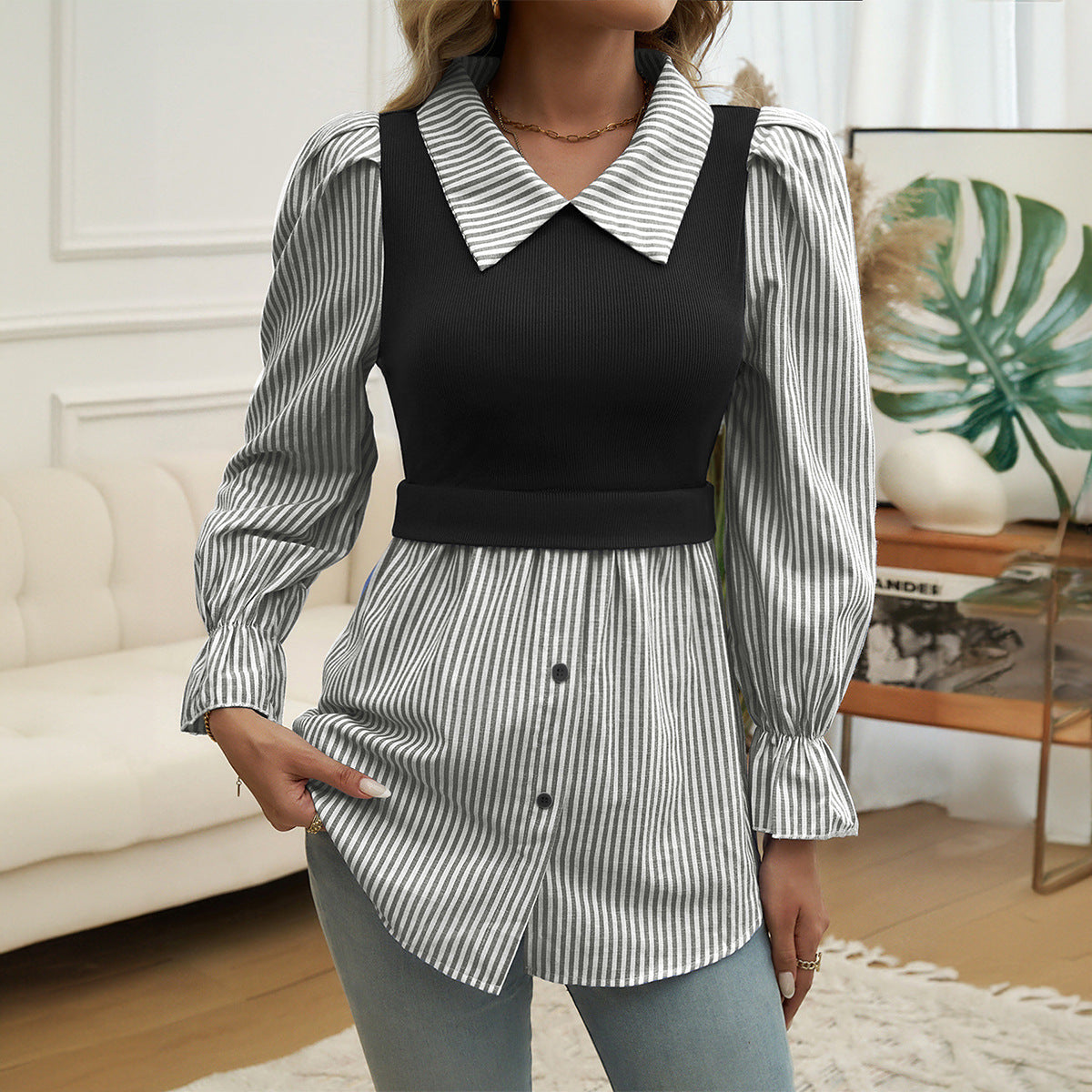 "Miranda" - Sophisticated and Classy Casual Feminine Color Contrast Stitched Blouse