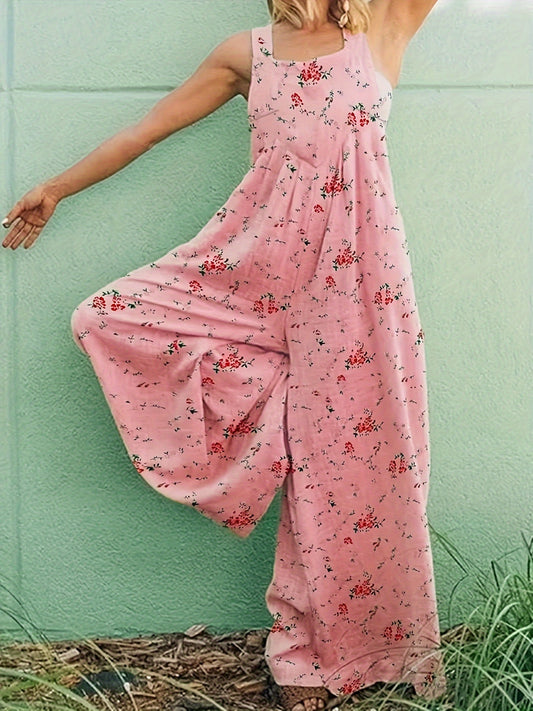 "Pretty in Pink" Women's Floral Print Square Neck Jumpsuit