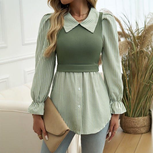"Miranda" - Sophisticated and Classy Casual Feminine Color Contrast Stitched Blouse