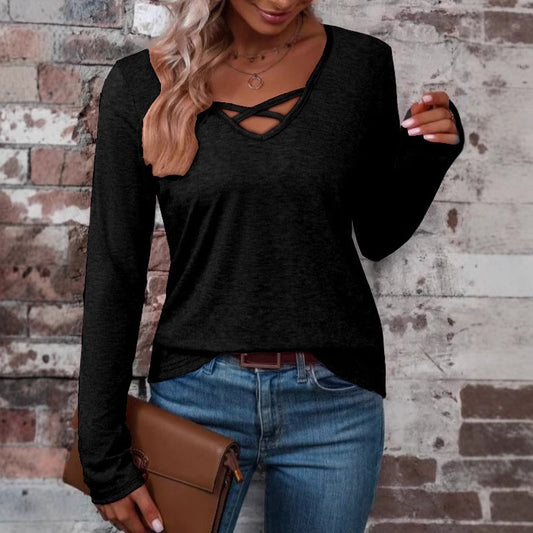 V-neck Cross Cotton Solid Color Casual Minimalist Long Sleeve