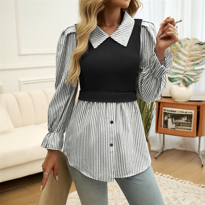 "Miranda" - Sophisticated and Classy Casual Feminine Color Contrast Stitched Blouse