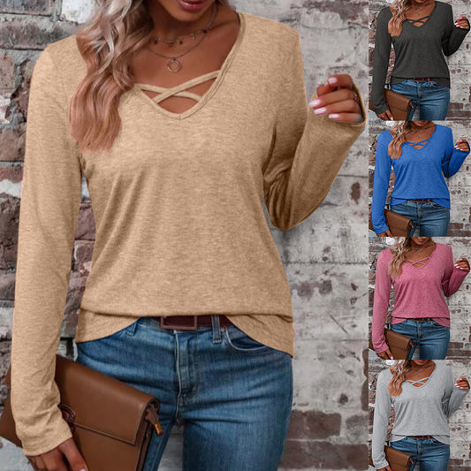 V-neck Cross Cotton Solid Color Casual Minimalist Long Sleeve