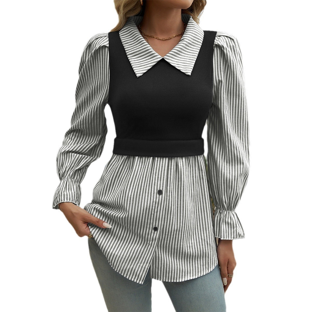 "Miranda" - Sophisticated and Classy Casual Feminine Color Contrast Stitched Blouse