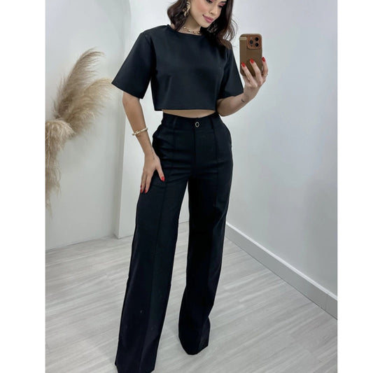 “Hilda” -  Cotton And Linen Short Top and High Waist Wide Pant Set